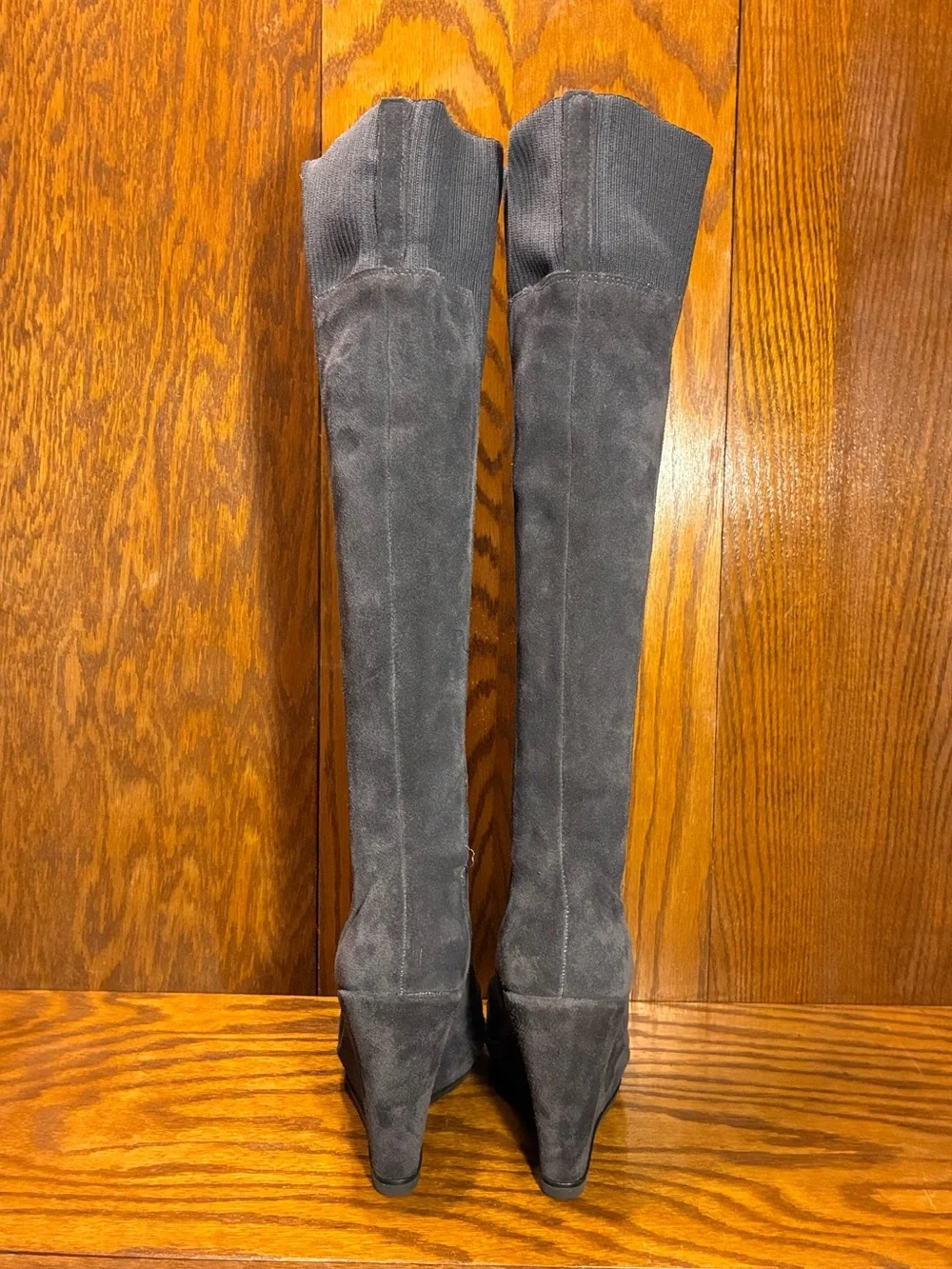 Fergie Convertible Over the Knee Gray Suede Knit Cuff Platform Wedge Boots Sz 8